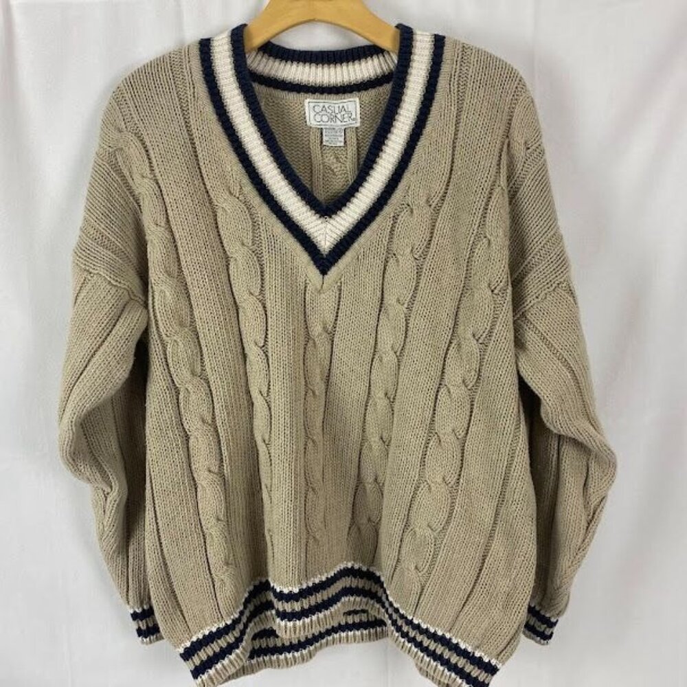 Casual Corner V-Neck Cable Knit Sweater in Tan with Navy & White Trim
